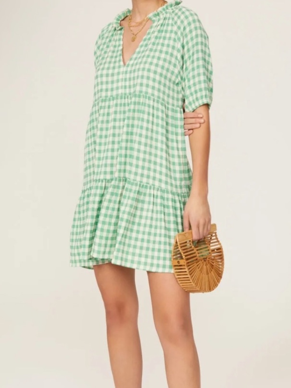 Green Gingham Tiered V-Neck Mini Dress